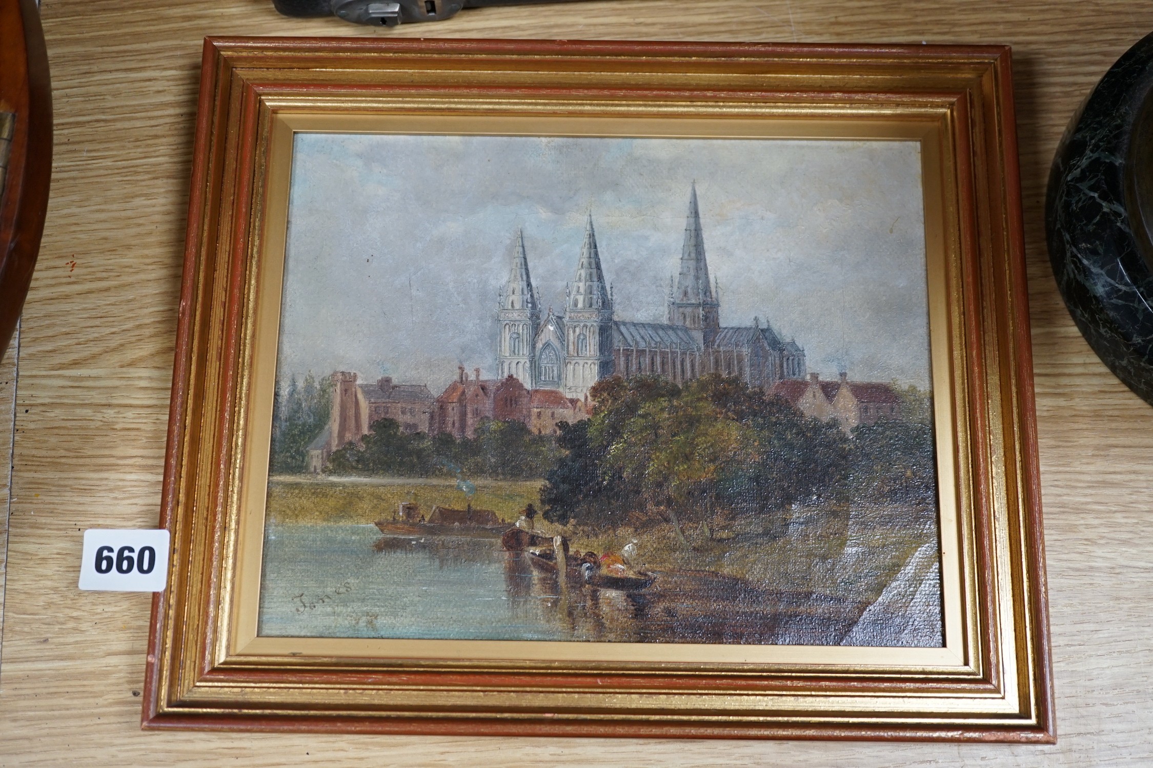 Jones (19thC English School), oil on canvas laid on board, View of a cathedral town, signed, 20 x 25cm